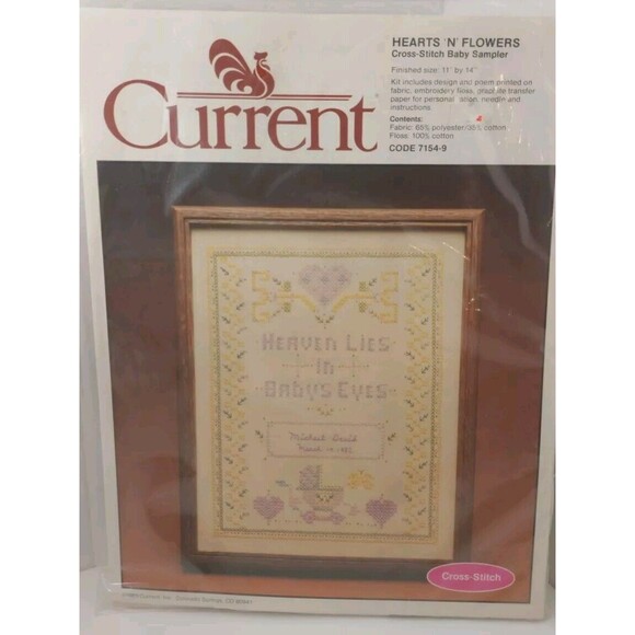Current Hearts N Flowers Cross Stitch Kit 7154-9 Baby Birth 11" x 14" 1983 VTG - Picture 1 of 9